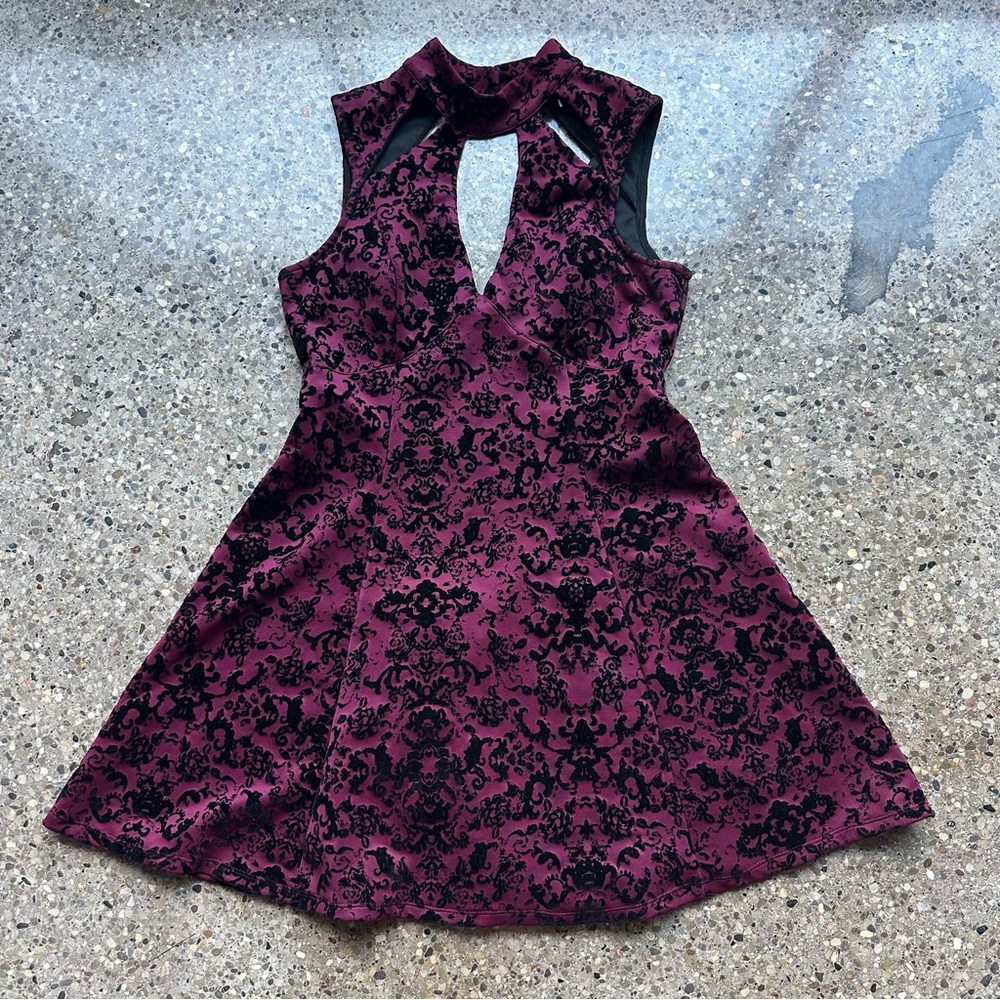 y2k trixxi whimsigoth high neck open back flocked damask mini skater dress XL